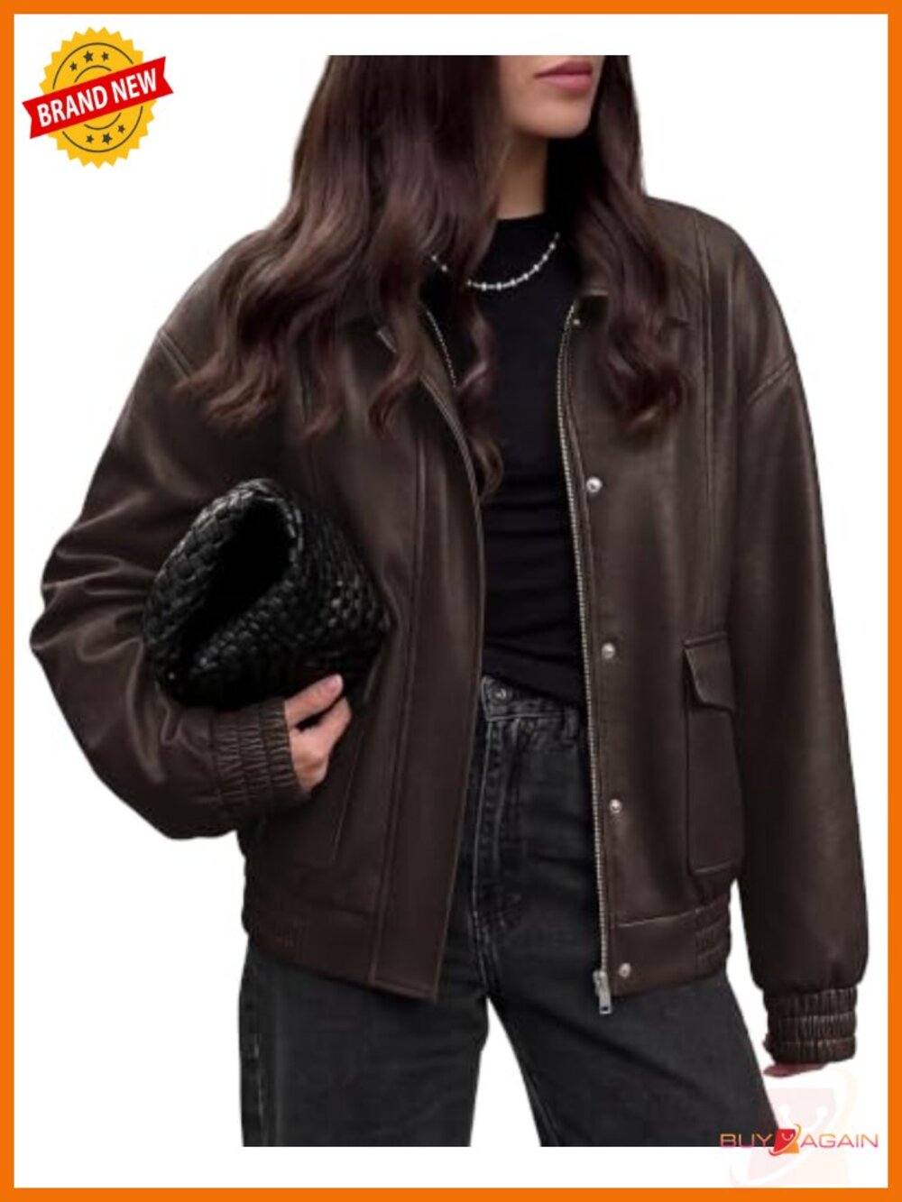 Faux Leather Jacket Women Long Sleeve Snap Zip Closure Oversized